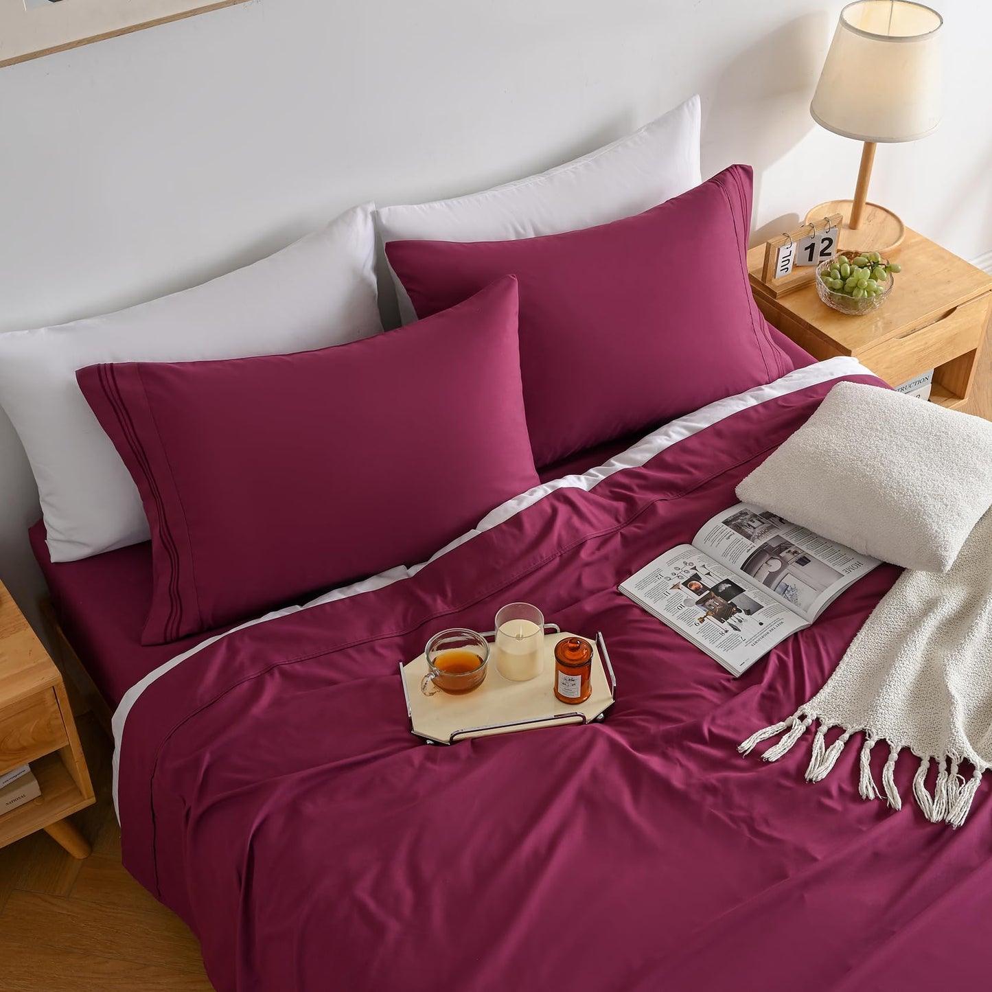Yibeizi Fuchsia King Sheet Set,Soft Microfiber Cooling Bed Sheets,4 Pieces Deep Pocket Fitted Bedsheet Flat Sheet & Pillowcases