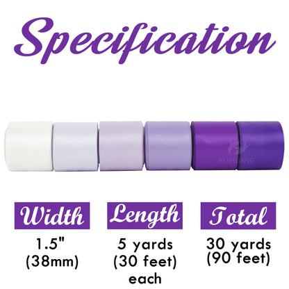 HUIHUANG Purple Ribbon 1-1/2 inch Lilac Purple and White Satin Ribbon Assorted for Flower Bouquet, Gift Wrapping, Bows, Crafts, Eternal Flowers, Bridal Shower Wedding Decor- 6 Rolls, Total 30 Yards