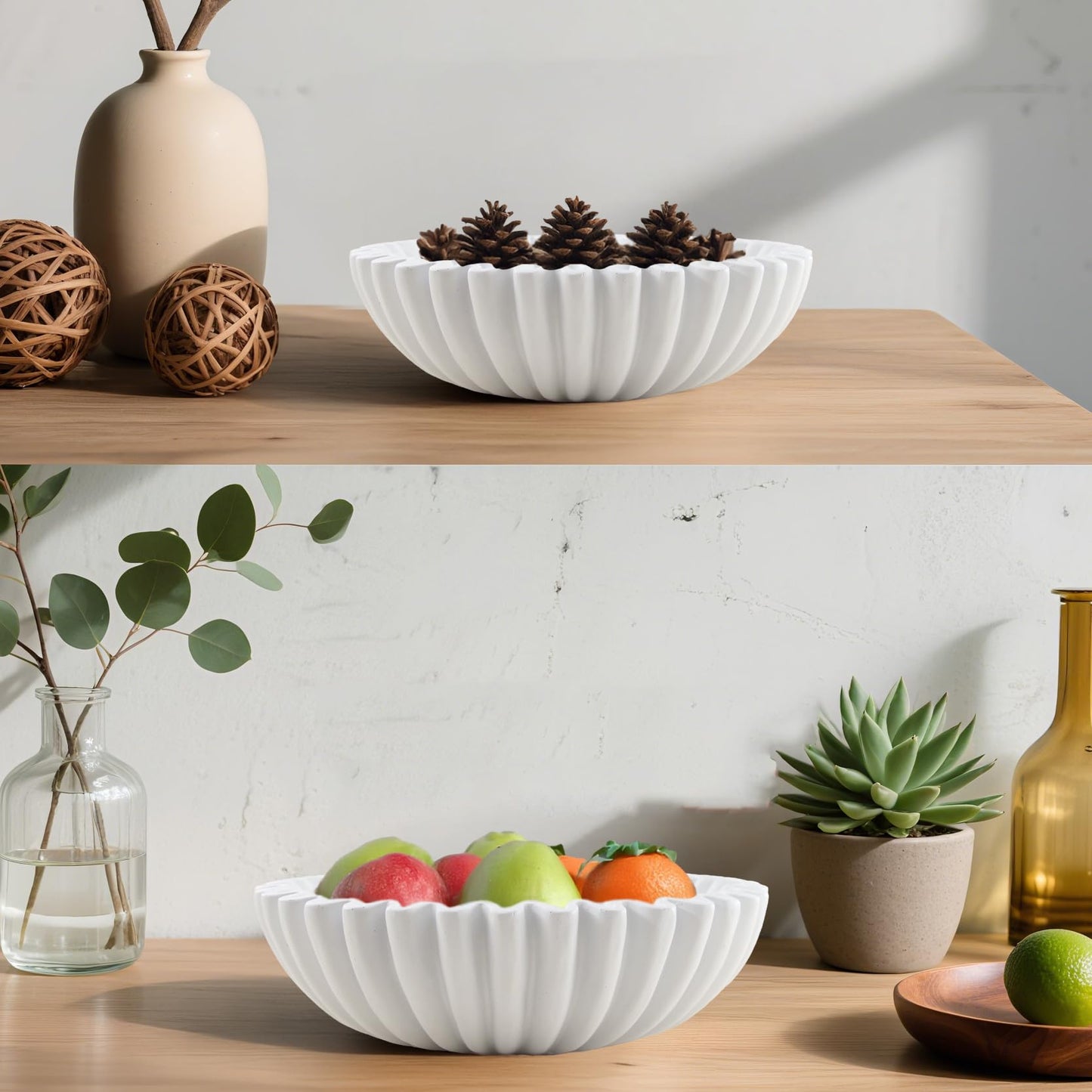 Plukers Large Modern Decorative Ruffle Bowl for Home Decor Fruit Bowl Organic Catch All Key Kitchen Entryway Shelf Coffee Table,White