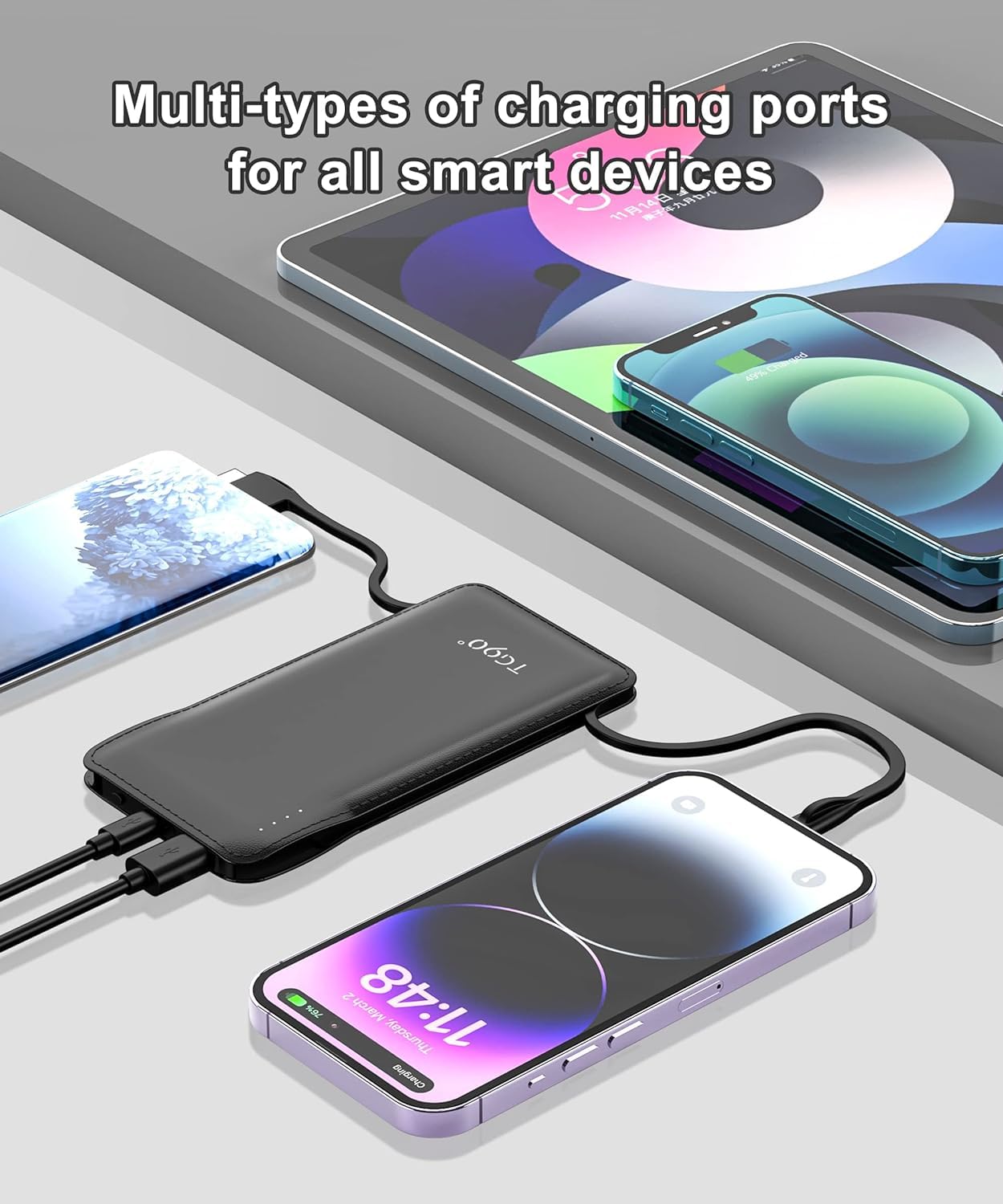 TG90° Portable Charger 10000mah Cell Phone Battery Backup, Ultra Slim Power Bank with Built in Lightning and USB-C Cable, Portable Phone Charger Battery Packs Compatible with iPhone Android Phones