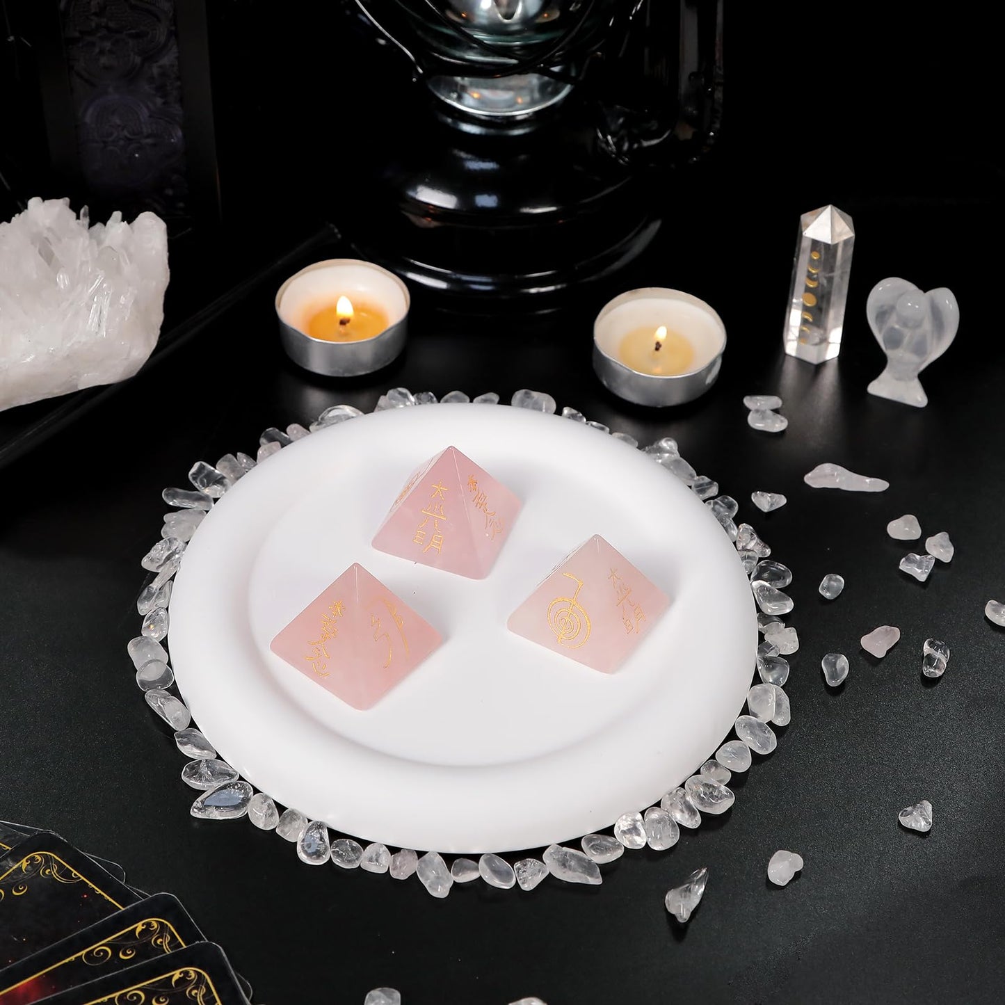 mookaitedecor Rose Quartz Crystal Pyramid Stone with Engraved Chakra Symbol, Healing Crystals Energy Generator for Reiki Meditation Divination Decoration