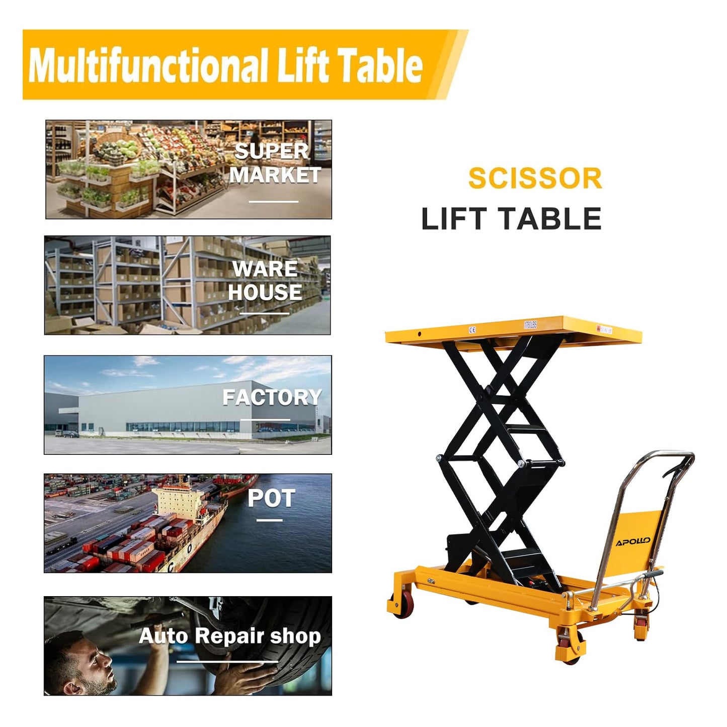 APOLLOLIFT Hydraulic Lift Table Cart, 1760lbs Capacity 59" Lifting Height, Double Scissor Lift Table with 4 Wheels and Safety Back Guard for Material Handling and Transportation