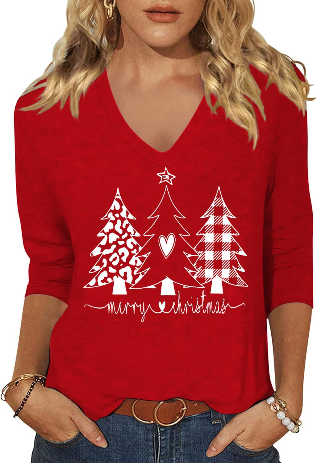 Scgirl Womens Christmas Shirts V Neck 3/4 Length Sleeve Christmas Tree T-Shirts Merry and Bright Graphic Tee Tops (XXL,C1 Red)