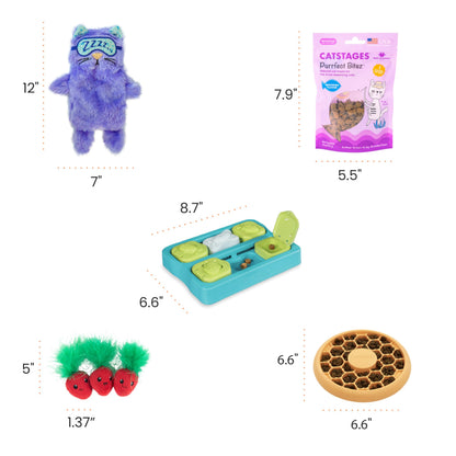 Catstages New Kitten Bundle – Slow Feeder Bowl, Purr Pillow, Strawbabies Catnip Toys, Kitty Cube Puzzle Toy & Whitefish Purrfect Bitez Treats