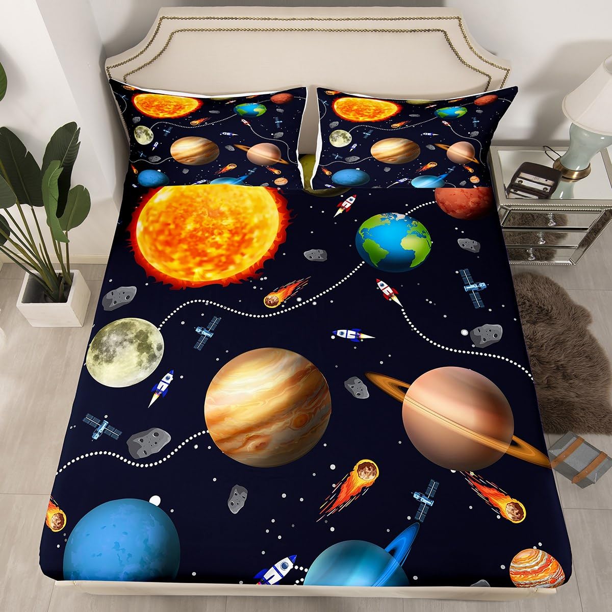 Erosebridal Solar System Sheet Set Full,Astronomy Planets Bed Sheets for Kids Boys Girls,Child Outer Space Theme Bedding Set Bedroom Decor,Rocket Starry Sky Fitted Sheet + Top Sheet + 2 Pillowcases