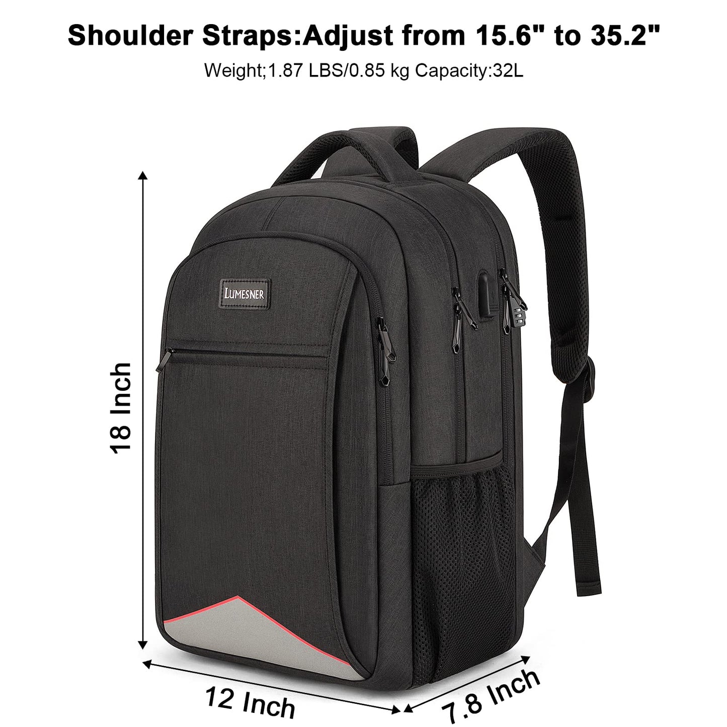 Lumesner Travel Laptop Backpack with USB Charging Port; 15.6 Inch Anti Theft Business Backpack for Men & Women; Water Resistant Computer Rucksack for School/Work/Travel