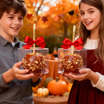 Yesland 50 PCS Candy Apple Box With Hole Top, Clear PET Gift Boxes for Caramel Apples, Ornament, Treats & Party Favors for Wedding, Party or Baby Shower - 4" x 4" x 4"