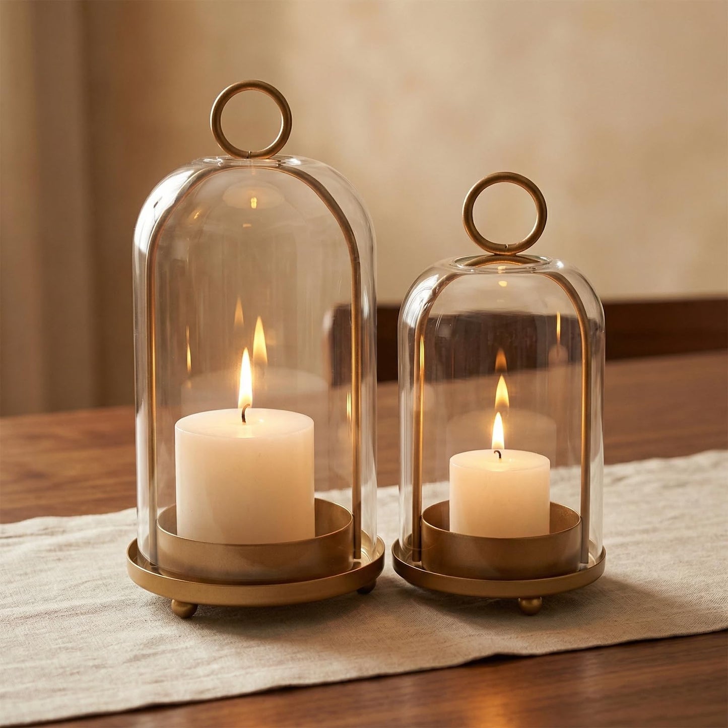 GYKLE Set of 2 Candle Lantern Set - Vintage Brass Candle Holders with Thick Glass Domes (5.25"x10" & 4.5"x7.87"), Perfect for Pillar Candles, Floral Arrangements, and Vintage Home Accents