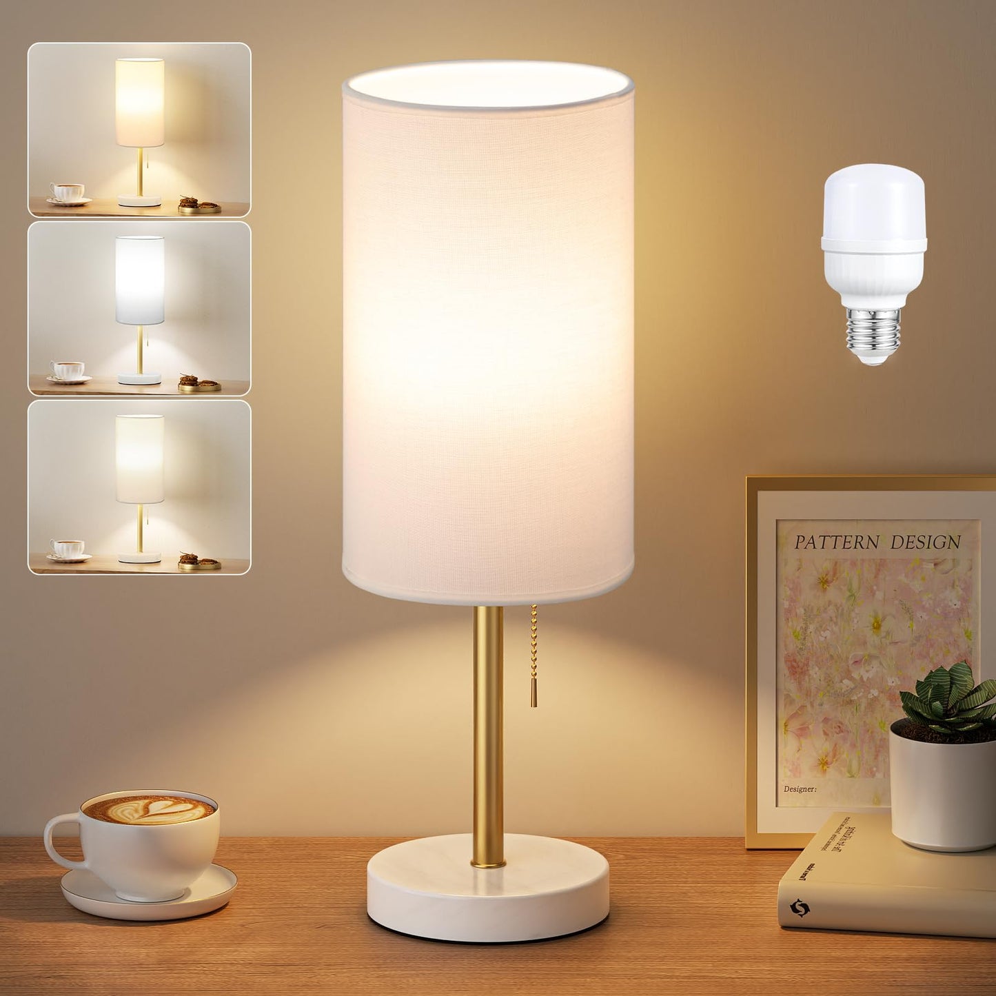 Dicoool Tall Bedside Table lamp for Bedroom - Luxury Marble Base & 3 Color Temperatures Bedside Lamps, Pull Chain Gold Table Lamps, White Nightstand Lamps for Living Room/Guest Room