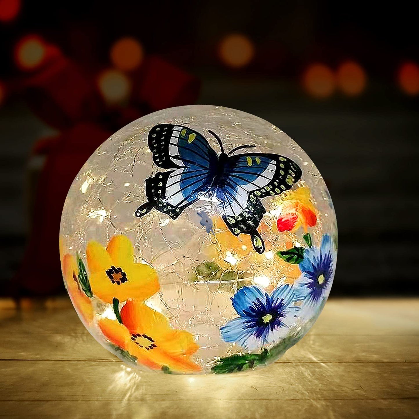 Crackle Glass Ball Light Butterfly Floral Pattern LED Night Light Indoor Tabletop Decorative Sphere Lamp for Home Decor Christmas Birthday Wedding Girls Women's Gift (1 Pack)