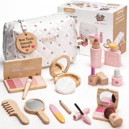 Treasdamic Wooden Makeup Toy Set for Girls - Pretend Play Makeup Kit for Toddlers 3-5 with Eyeshadow/ Mascara/ Perfume/ Blush/ Mirror/ Bag, Birthday Gifts for Girls Toys Kids Aged 3 4 5 6 7 8