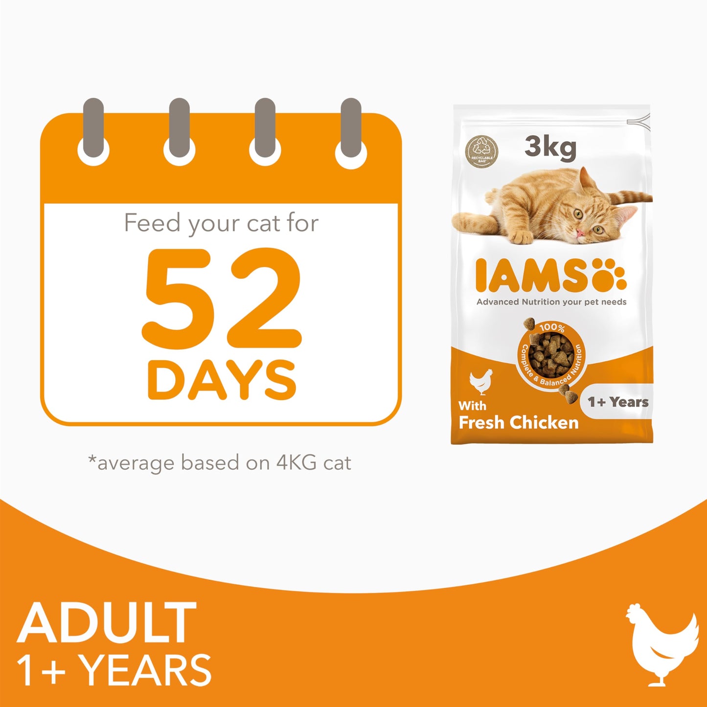 IAMS Adult Complete Dry Cat Food Chicken 3kg - Supports Strong Immune System
