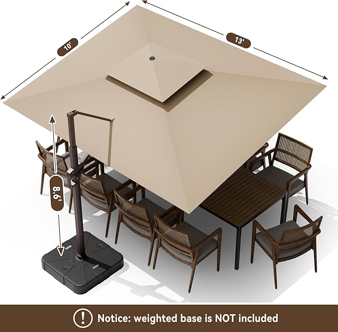 10 X 13 FT Cantilever Outdoor Patio Umbrella with Led Lights Large Heavy Duty 360° Rotation Double Top Offset Rectangular Umbrellas for Backyard Garden Pool Outside Deck, Beige