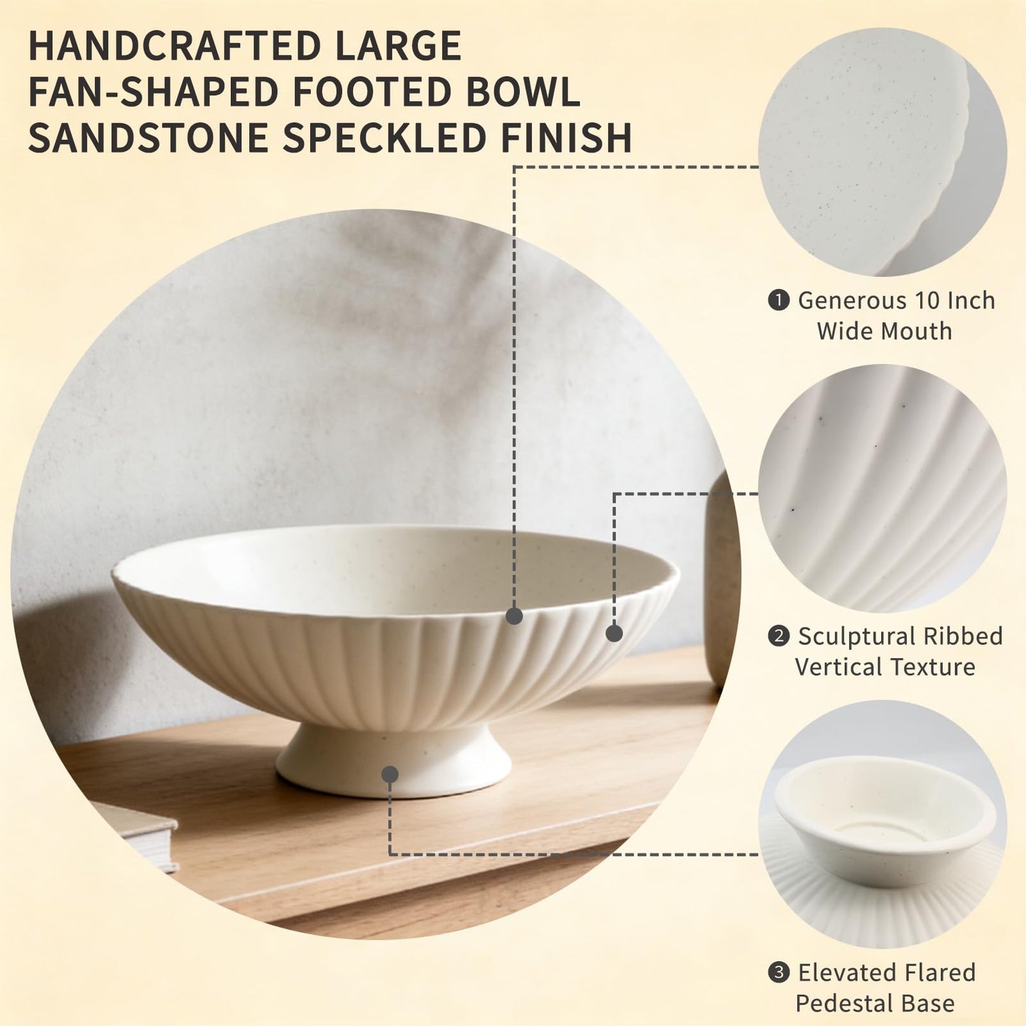 Afadorable 10 Inch Handmade Large Matte White Fluted Ceramic Pedestal Bowl, Decorative Fruit Bowl with Sandstone Speckles – Modern Farmhouse Centerpiece for Kitchen Counter, Entryway & Dining Table