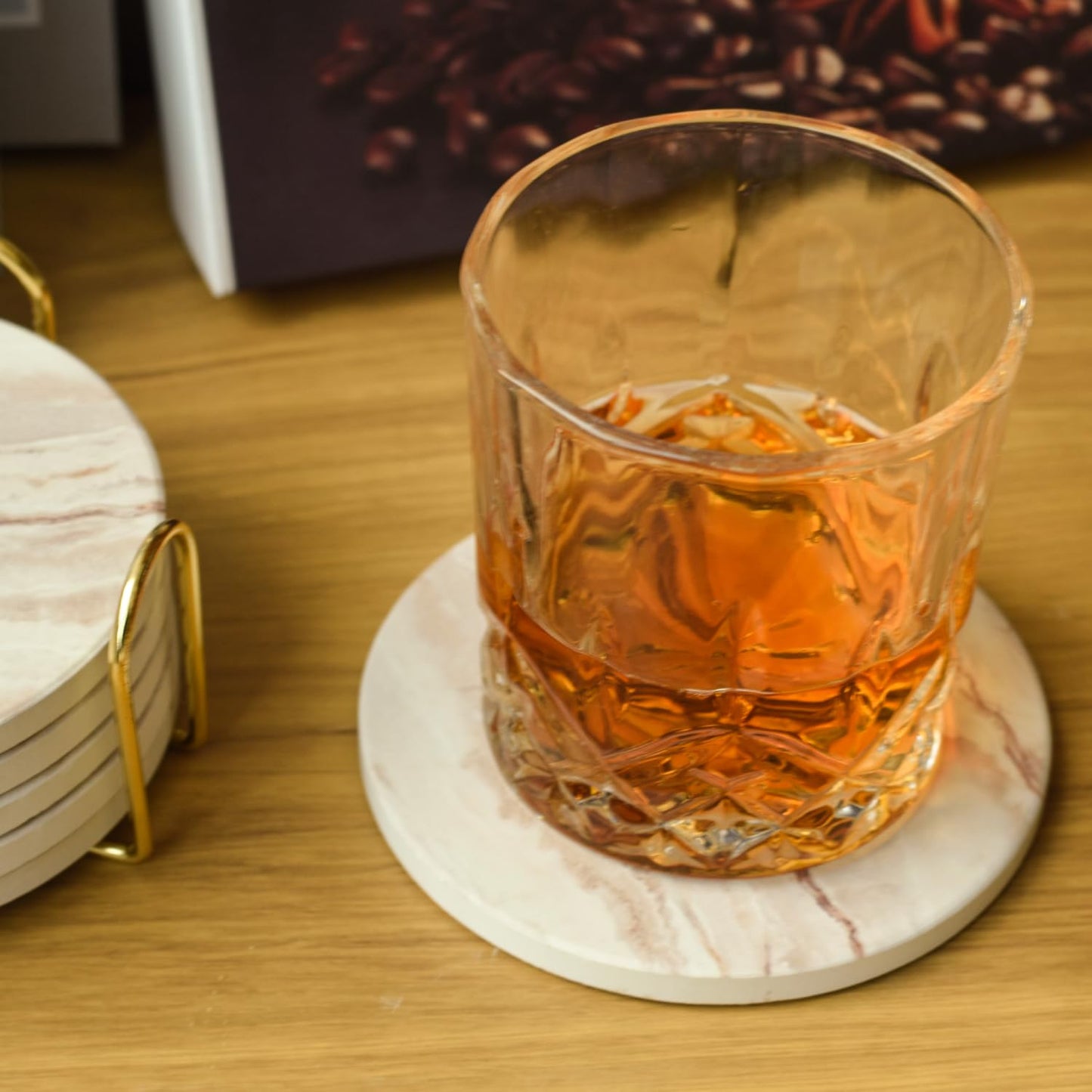 6Pcs Drink Coasters with Holder, Round Marble Style Ceramic Drink Coaster, Absorbent Coaster Set for Home Decor Tabletop Protection, Suitable for Kinds of Cups, Housewarming Gift, 4 Inches