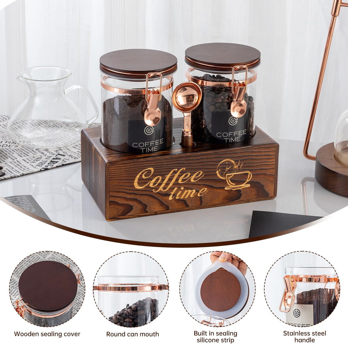 ARTIFORM Glass Coffee Canister Set with Torched Wood Shelf, 2 Pack 45oz Airtight Storage Jars with Lids & Spoons, Large Kitchen Canisters for Coffee Beans, Sugar, Tea & Nuts