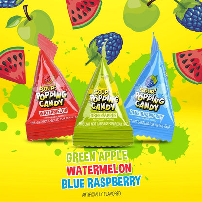 Sour Popping Rocks - 40 Count Bag - Sour Popping Halloween Candy Individually Wrapped - Assorted Fruit Flavors - Triangle Pouches - Blue Raspberry, Watermelon, Green Apple