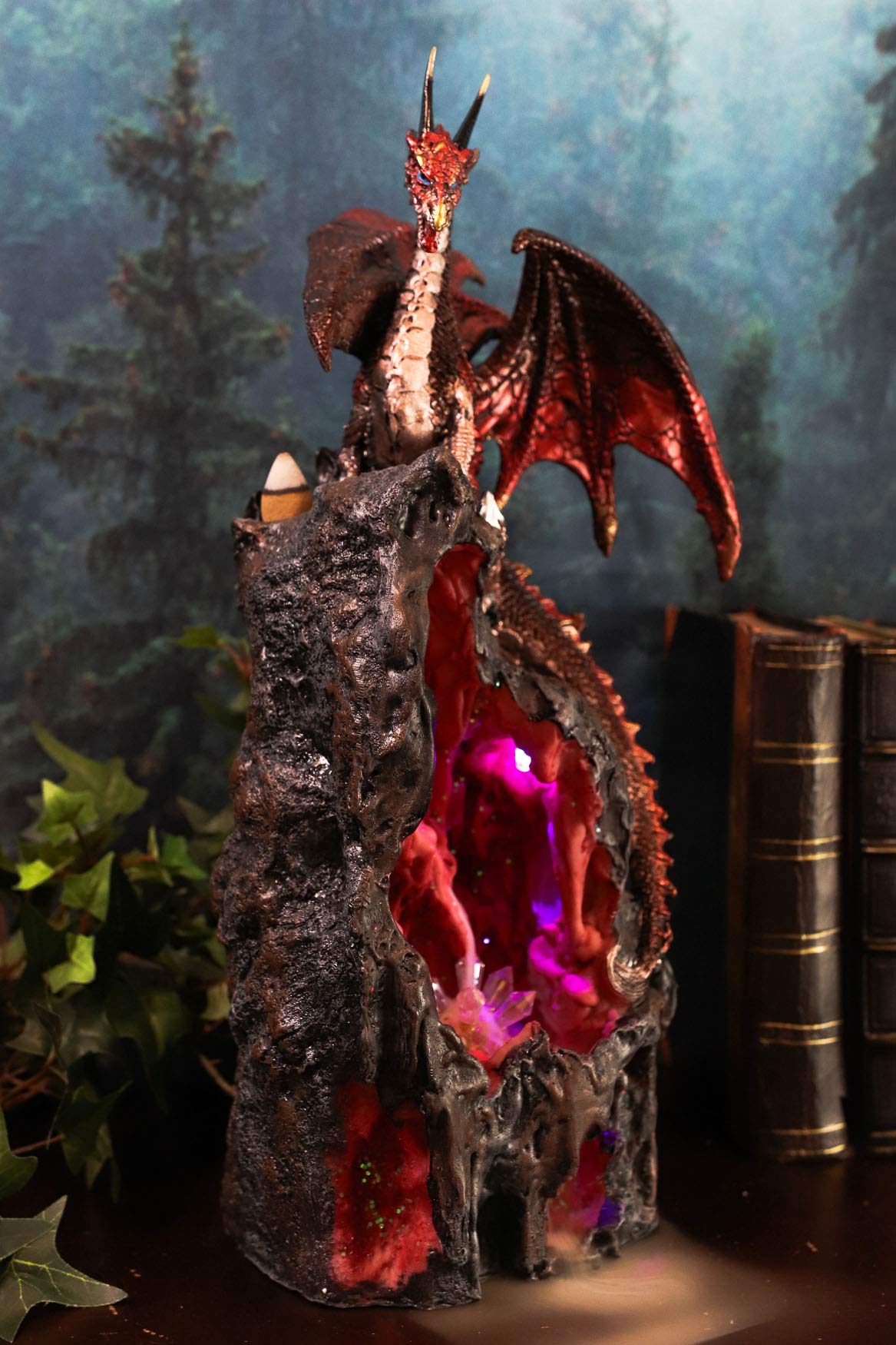 Ebros Red Ember Sapphire Quartz Dragon On Gemstone Geode Cave Mountain Statue 13" Tall with Backflow Incense Burner and Colorful LED Light Crystals Feature Fantasy Dungeons Dragons Decor Figurine