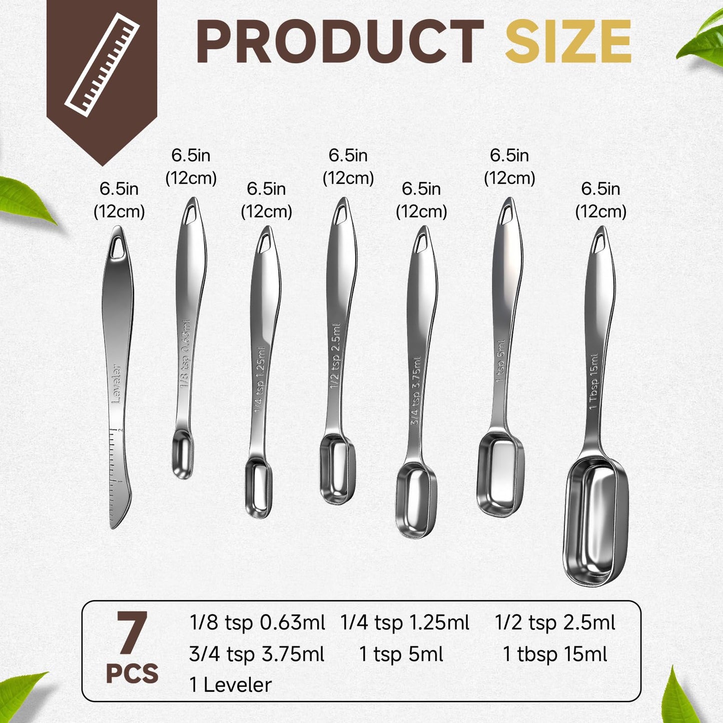 Set of 7 Metal Measuring Spoons, 18/8 Stainless Steel, Long Handle Teaspoon, Tablespoon, Narrow Measuring Spoon with Leveler for Spices, Protein Powder and Coffee, Kitchen Utensils for Cooking