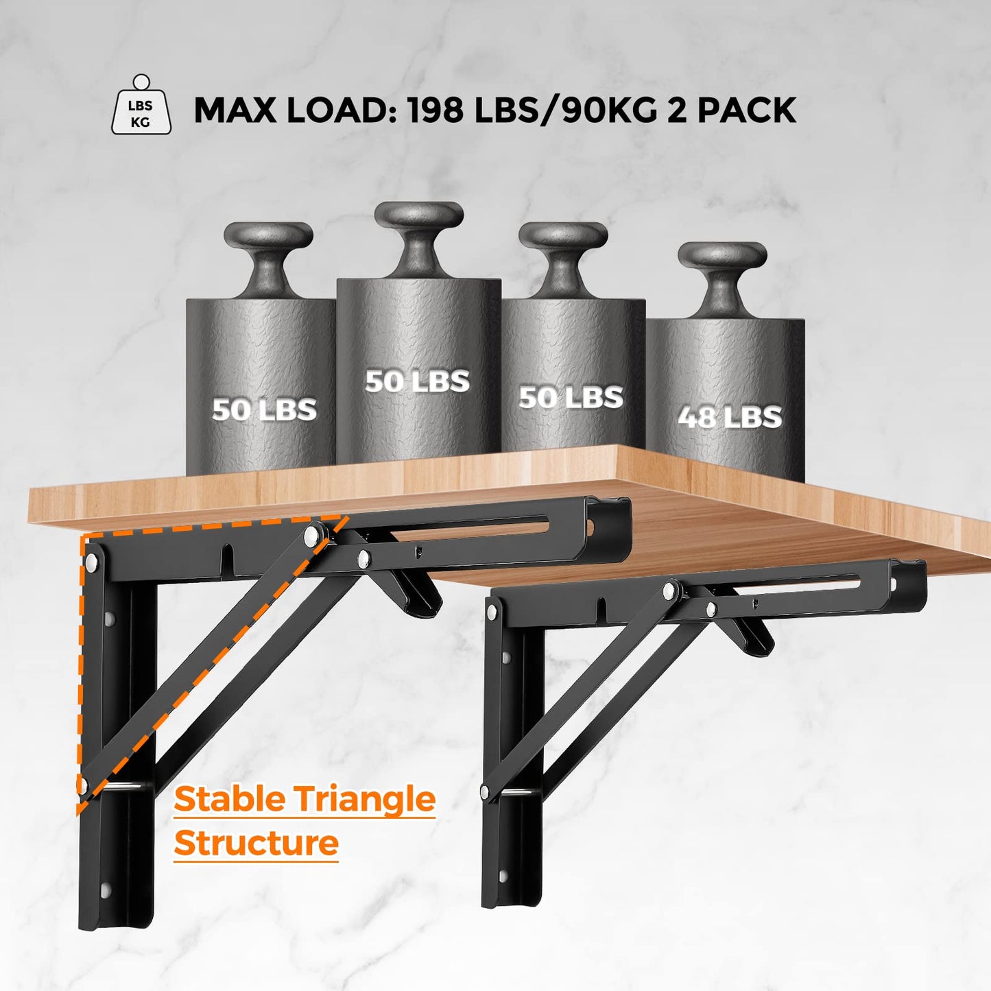 Ravinte 10 Inch Folding Shelf Brackets - Matte Black Collapsible Heavy Duty Brackets for Table Bench - Space Saving, 2 Pack ﻿