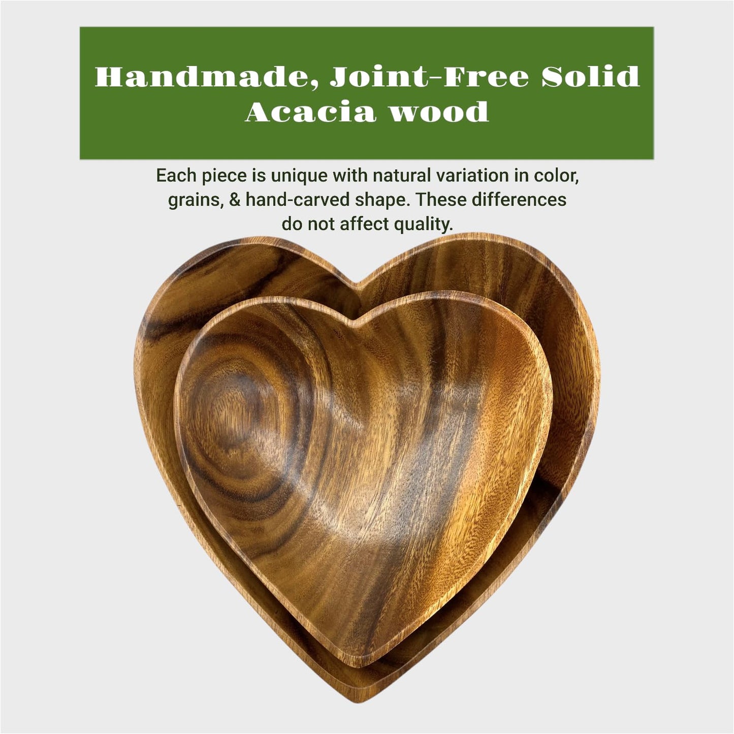 WRIGHTMART Handcrafted Acacia Wood Heart Bowl Set of 2 – Decorative Serving Bowls for Salad, Snacks, Jewelry, Candle Display – 10" & 8" Sizes