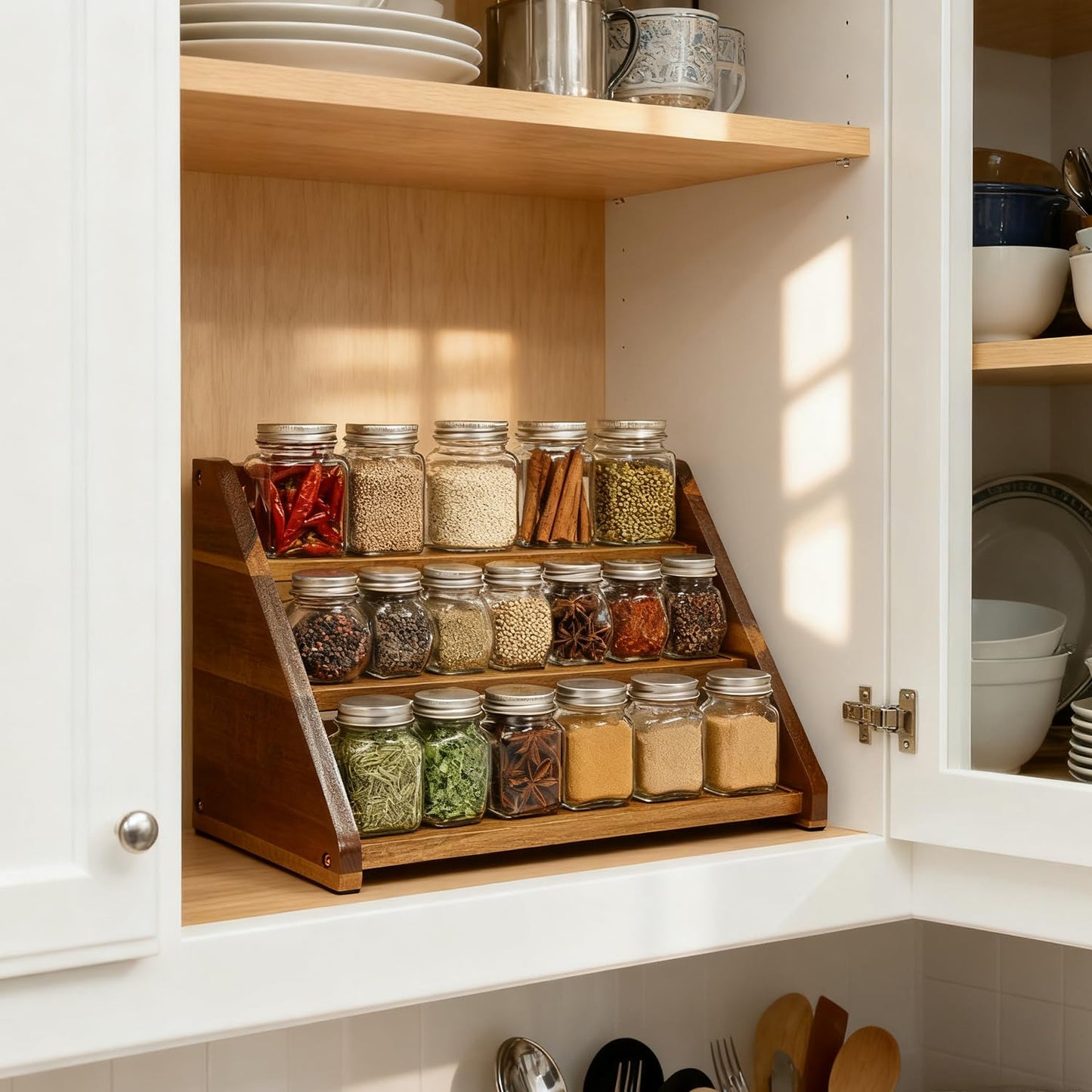Arflo Acacia Wooden Spice Rack for Countertop - 3 Tiered Spice Rack Organizer for Cabinet - Kitchen Spices Organizers Holds 21 Jars - Spices Shelf for Kitchen Storage Pantry Seasoning Organizer