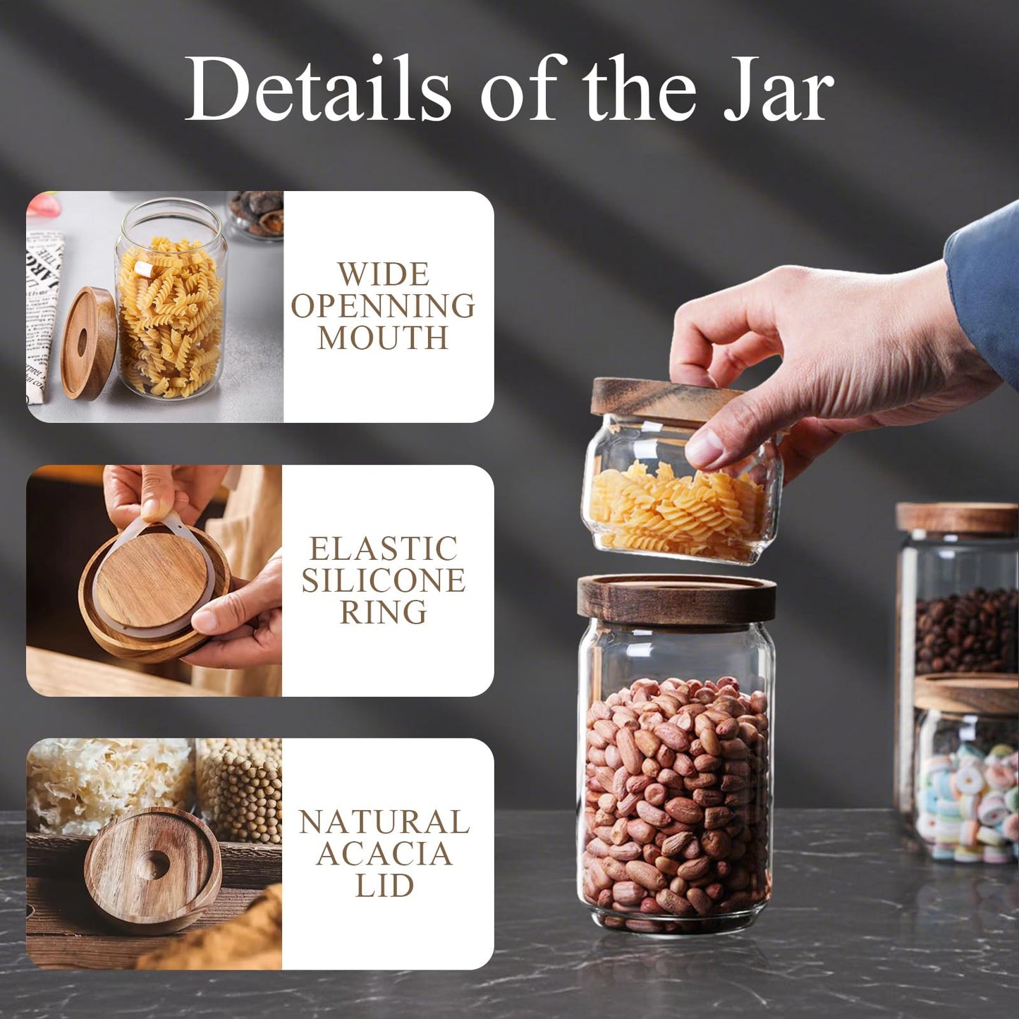 Glass Jars with Airtight Wood Lids - 11 oz Mini Kitchen Pantry Storage Containers, Stackable Decorative Canisters for Chia Seed, Sugar, Tea, Spice, Salt, Matcha, Nuts, Sauce, Cocoa powder, Set of 2