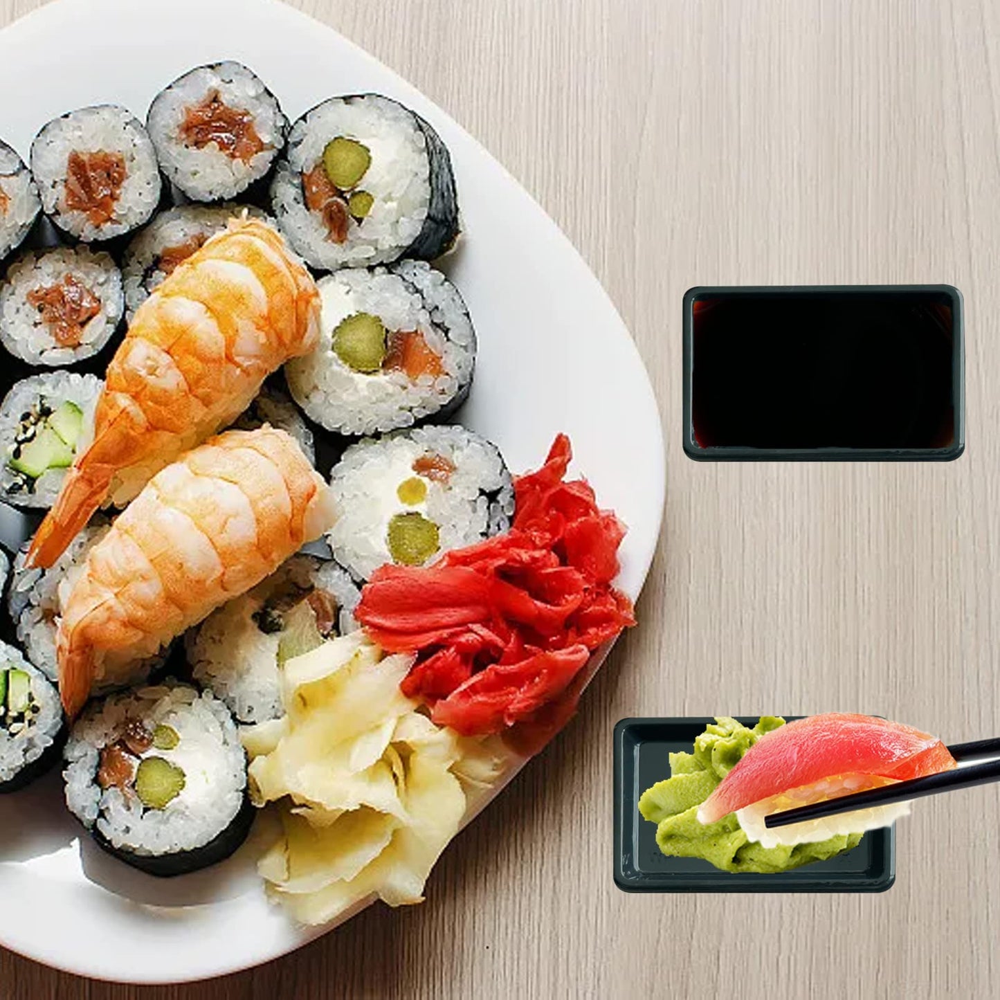 Xanadued 100 Pcs Plastic Disposable Sauce Dishes, Dipping Soy Sauce Seasoning Plate Bowls, Mini Condiment Appetizer Tray for Sushi Soy Mustard Vinegar Ketchup BBQ,Black Rectangle