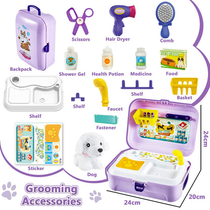 HERSITY Kids Vet Kit Dog Grooming Toy Pet Care Role Play Games Animal Dolls Pretend Play Pet Carrier Set Toys 3 4 5 Year Old Girls Boys Children Gifts