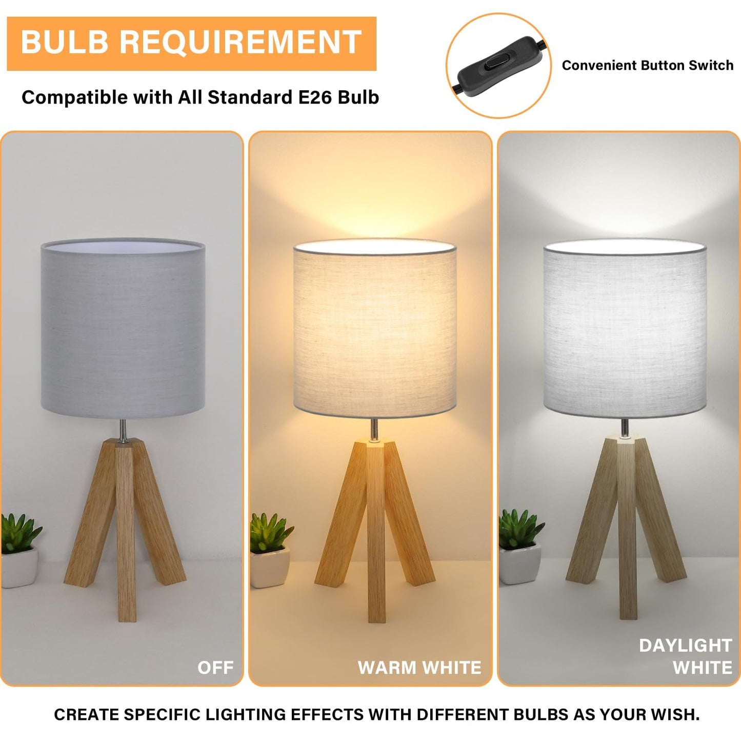 Brightever Small Bedside Table Lamp, Wooden Tripod Modern Table Lamp with Grey Linen Fabric Shade, Farmhouse Nightstand Lamp for Living Room, Bedroom, Home, Nursery, Office