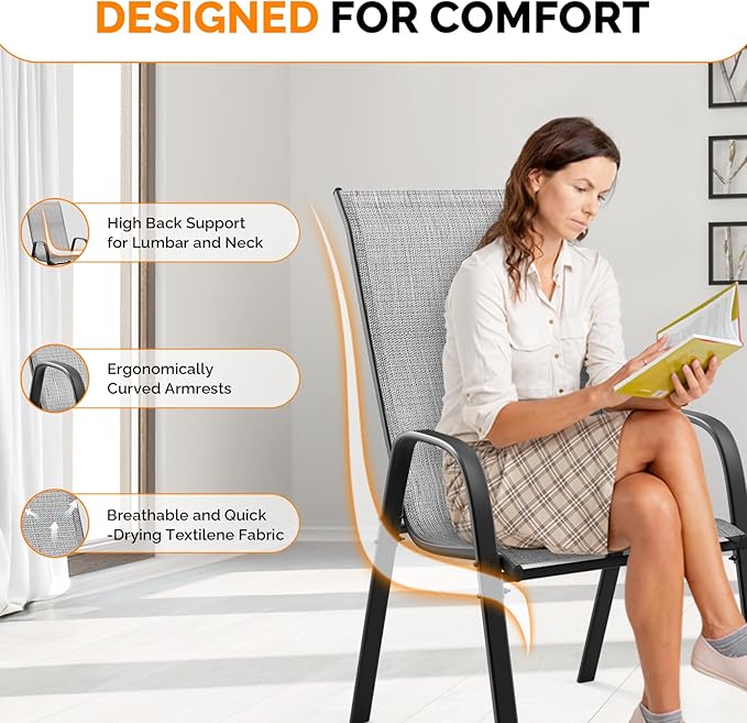 VINGLI Patio Chairs Set of 8 – Stackable Outdoor Dining Chairs with Comfortable Sling High Back Chairs and Armrests for Lawn, Poolside, Courtyard, Balcony, Garden, Silver Gray