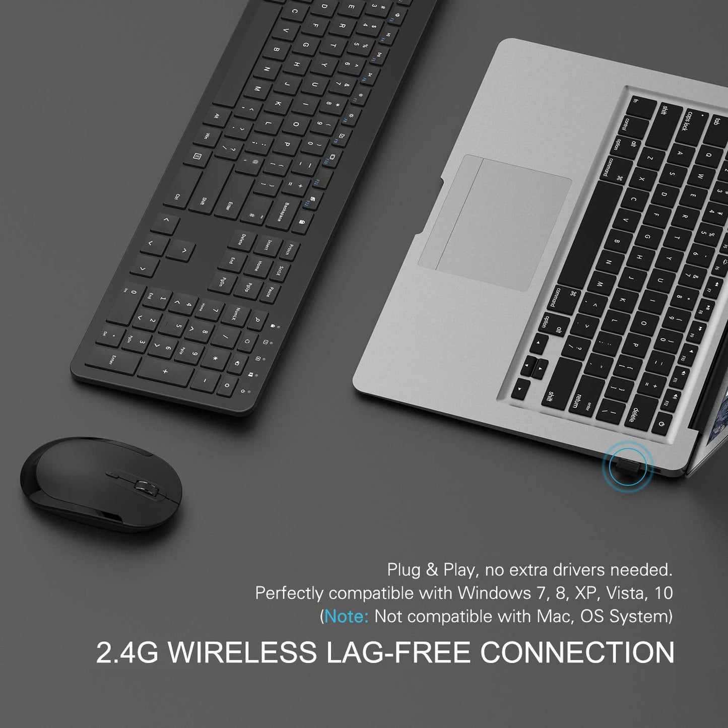 seenda Wireless Keyboard and Mouse Set, SK38 Ultra Slim Quiet USB Wireless Keyboard and Mouse Full Size QWERTY UK Layout with Numeric Keypad for Windows PC, Laptop, Computer, Black