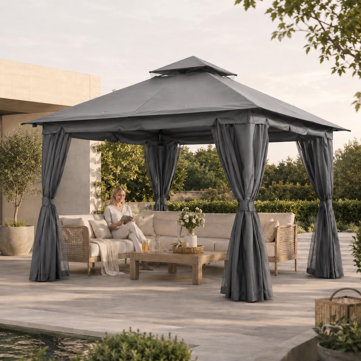 Kingdura 10'x10' Outdoor Gazebo, Heavy Duty Metal Patio Canopy Tent Shelter with Double Roof, Mosquito Netting & Privacy Curtains for Backyard, Garden, Deck, Lawn, Grey