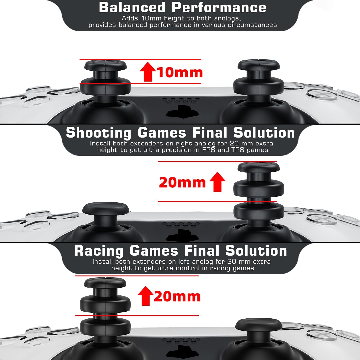 PlayRealm NO Falling Off Thumbstick Extender & Silicone Grip Cover 2 Sets for PS5 & PS4 Controller (Turbo Black)