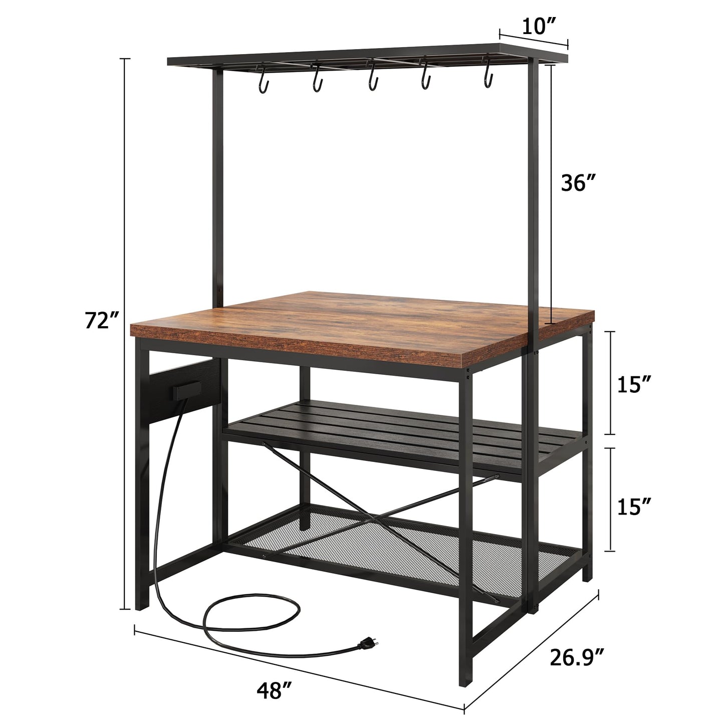 Garvee 47 in Kitchen Island with Power Outlets - Mobile Bakers Rack with 3 Shelves, Microwave Stand & 5 Hooks, 400 LB Capacity (Brown)