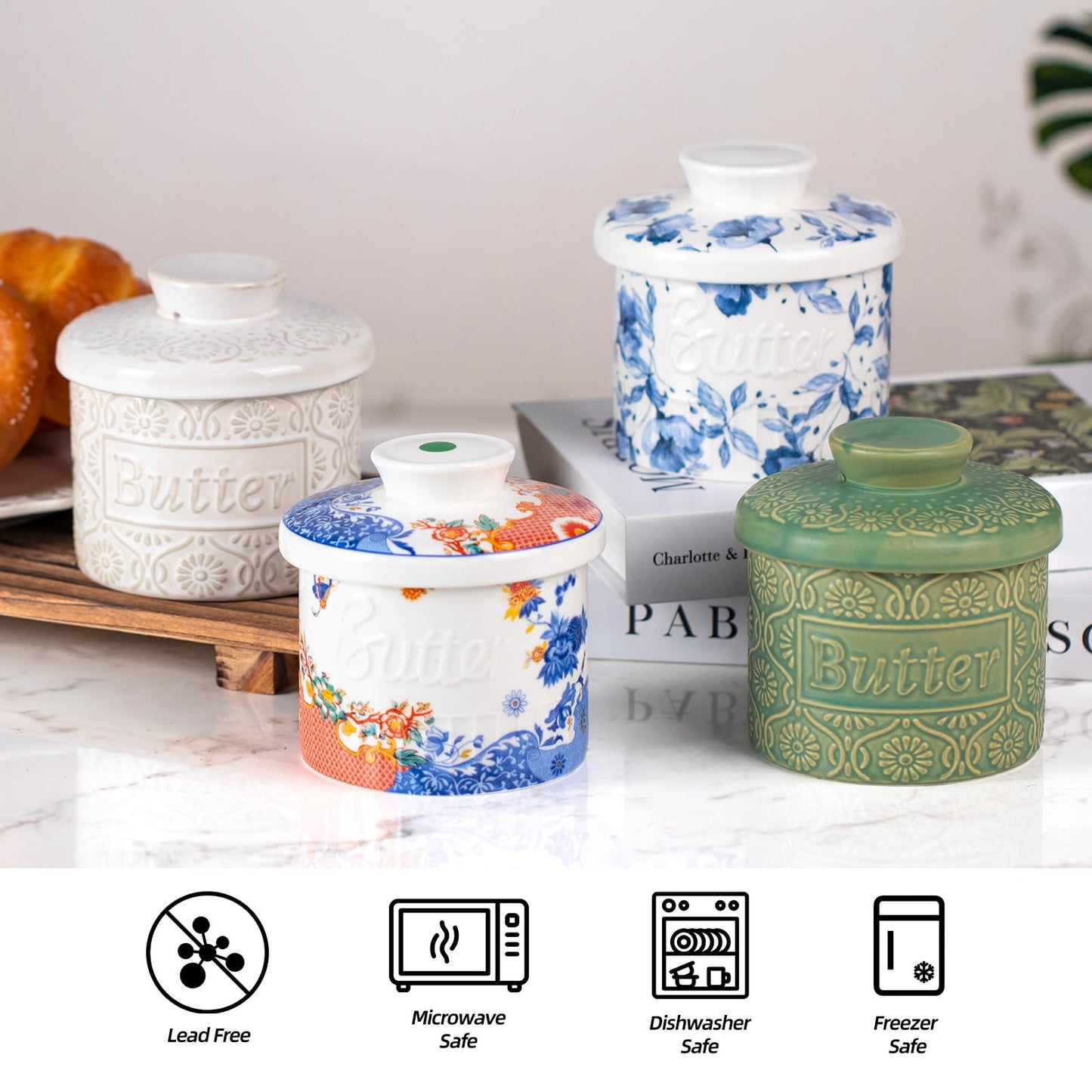 KAMMAK Butter Crock with Lid - Ceramic Butter Keeper for Countertop, Soft Spreadable Butter Dish with Water Line, Housewarming Gifts, Kitchen and Home Decor, Kiln-Changed Green - 6.7oz