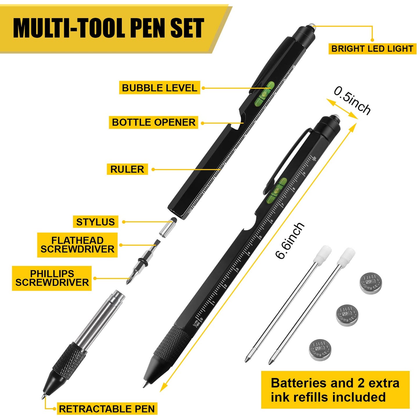Christmas Stocking Stuffers Gifts for Men, White Elephant Gifts for Adults Dad Boyfriend Him Husband, 9 in 1 Multitool Tool Pen Set, Screwdriver, LED Light, Stylus, Bottle Opener, Ruler, Level(Black)