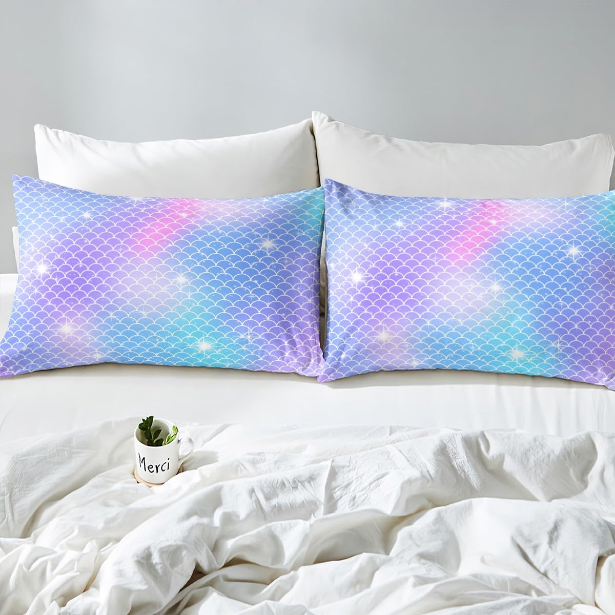 Feelyou Mermaid Scale Fitted Sheet Fish Scales Bedding Set Sea Underwater World Bed Sheet Set for Boys Girls Children Teens Ocean Marine Theme Bed Cover Fanstry Bedroom Decor Dreamy Twin Size