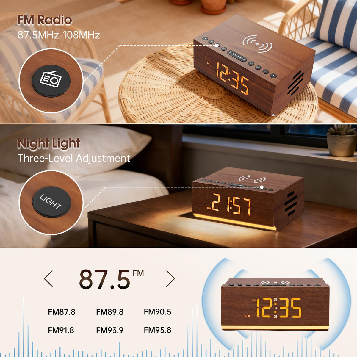 Hoifen Wooden Digital Alarm Clock with Bluetooth Speaker, Wireless Charging, FM Radio, Night Light, Auto Time Sync, Dual Alarms, USB Port, 9-Min Snooze for Bedroom, Desk, Bedside Clock Home Decor Gift