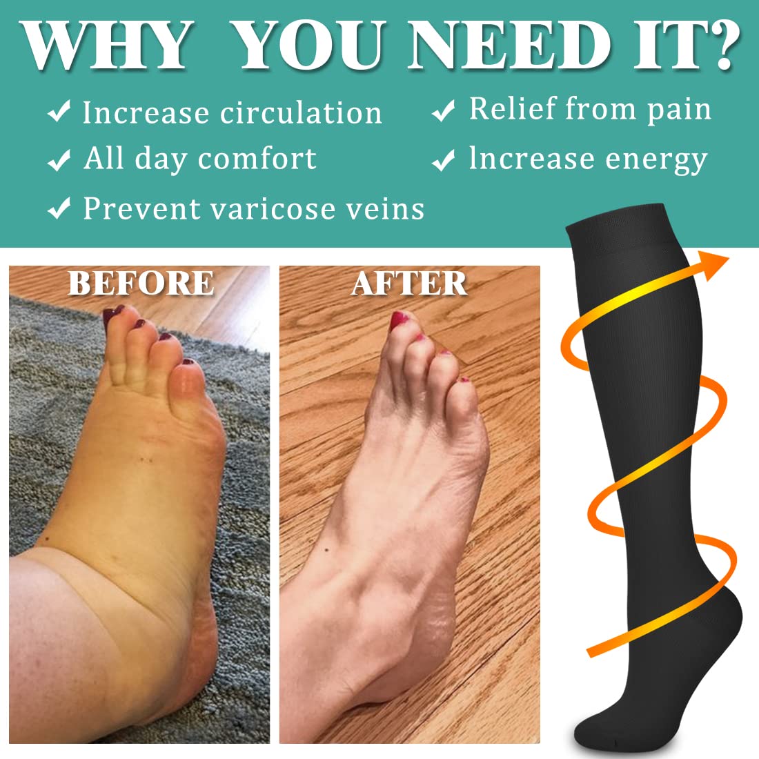 Laite Hebe 3 Pack Medical Compression Sock-Compression Sock For Women and Men Circulation -Best for Running,Nursing,Athletic Sports