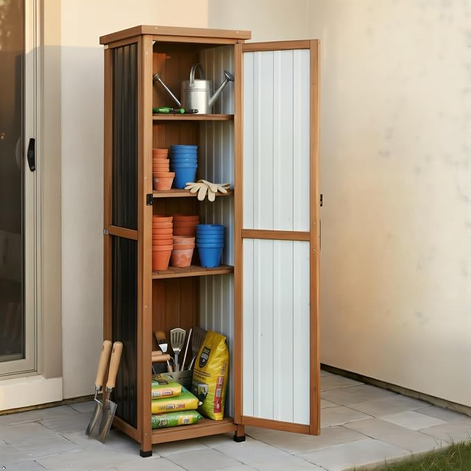 62" H Outdoor Corner Storage Cabinet with Lockable Doors, Outdoor Indoor Small Storage Cabinet with Metal Top, 3 Adjustable Shelves for Patio, Porch, Entryway or Small Spaces