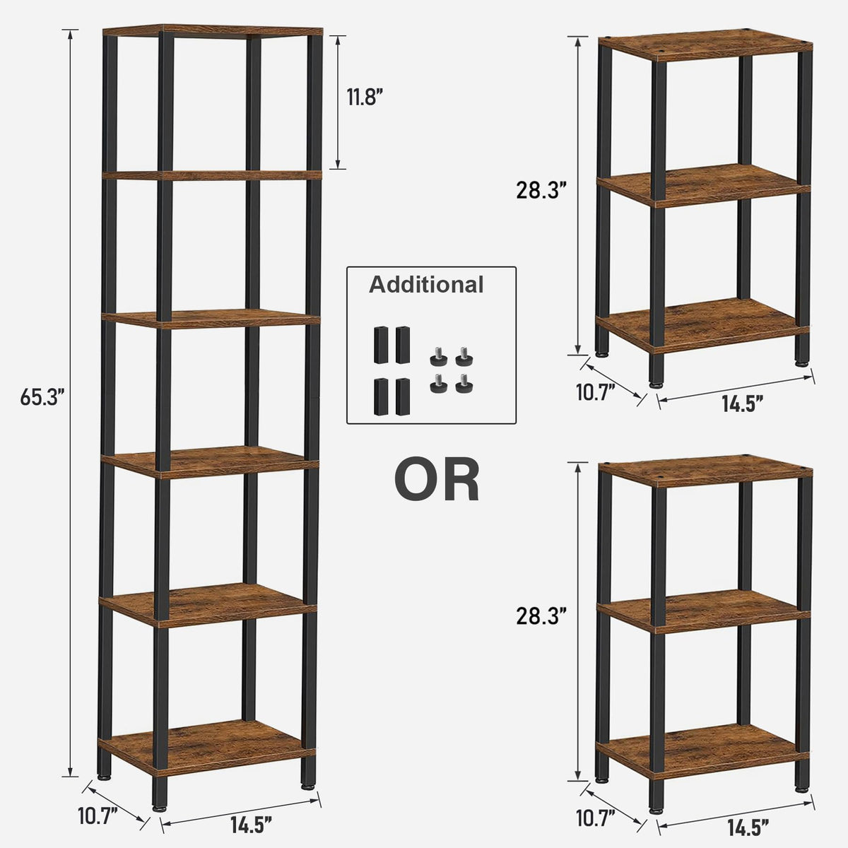 TUTOTAK Bookshelf, 6-Tier Tall Book Shelf, Narrow Bookcase for Small Space, DIY Stackable Bookshelf, for Living Room, Office, Study, Entryway, Industrial, Rustic Brown BS01BB006