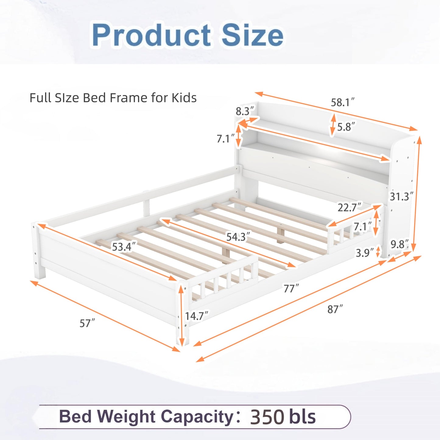 Merax Full Size Bed Frame, Solid Wood Full Platform Bed with Storage Headboard, Built-in Light and Safety Guardrail, Montessori Inspired Bed, No Box Spring Needed, White