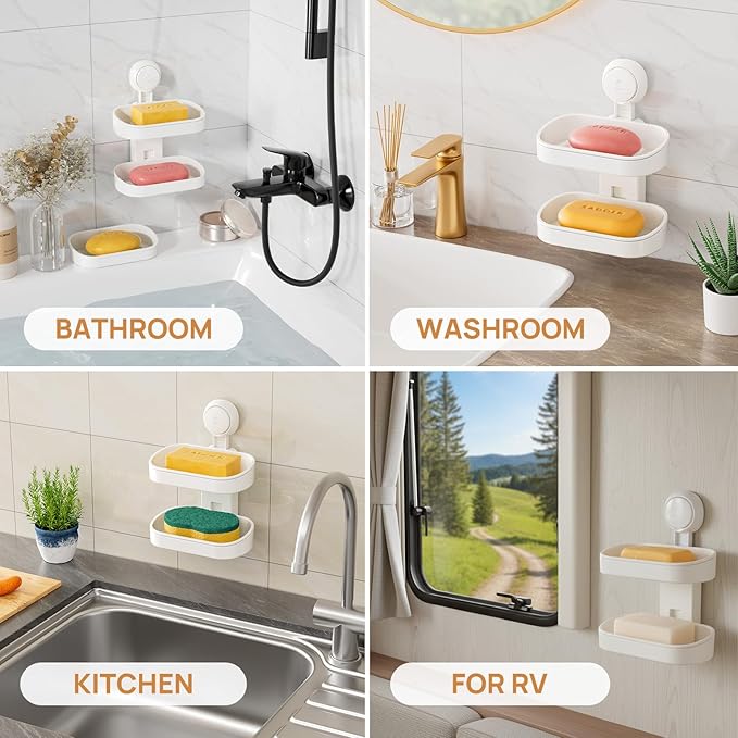LEVERLOC Soap Dish Holder for Shower Double Layer Suction Cup Wall Mounted