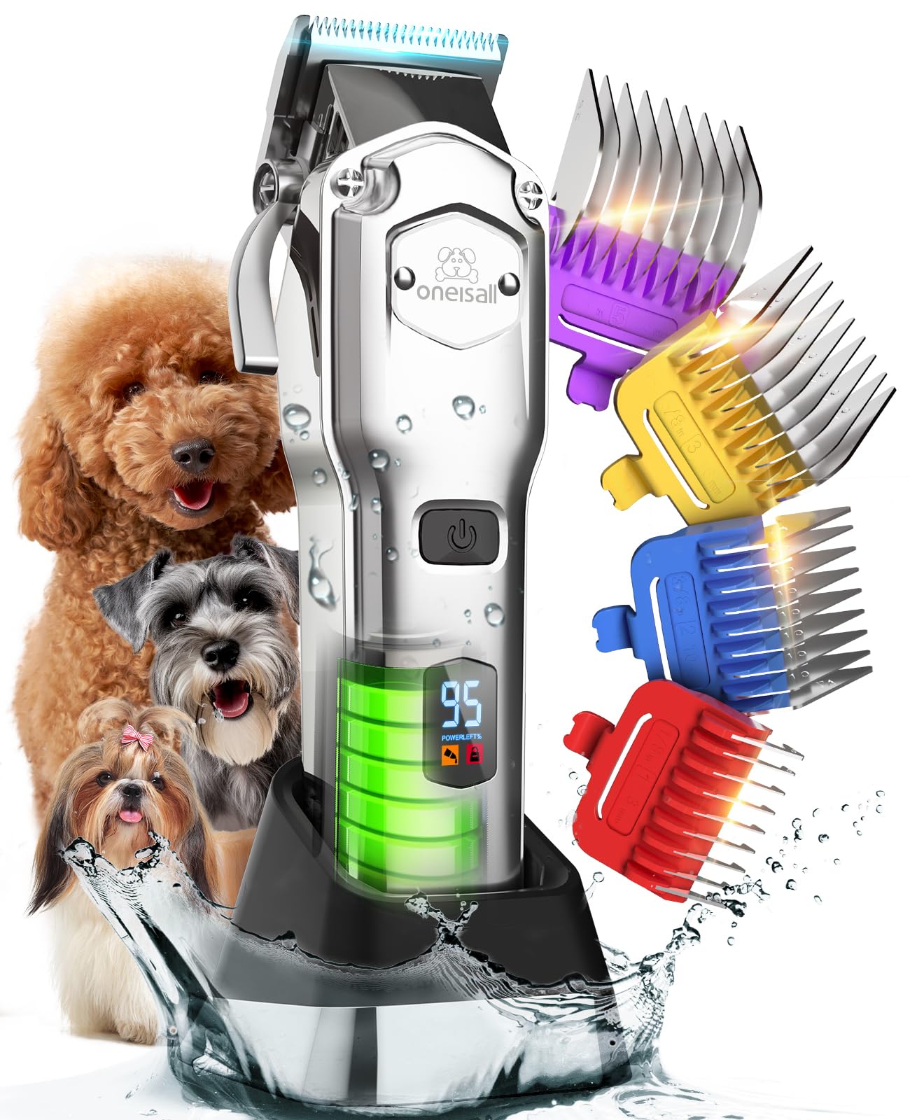 oneisall Cordless Dog Clippers - Rechargeable Grooming Kit with Metal Combs, Low Noise Heavy-Duty for Thick/Curly/Fine/Wavy Hair