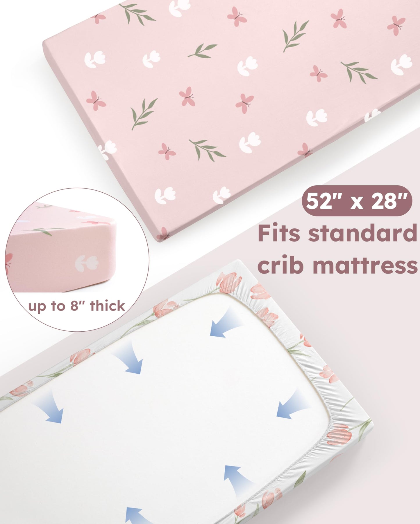 Nyessmee Baby Crib Sheets Girl, Fitted Crib Sheets 52" x 28", Soft Breathable Microfiber Sheets for Standard Crib and Toddler Mattress, 2-Pack Pink Tulips