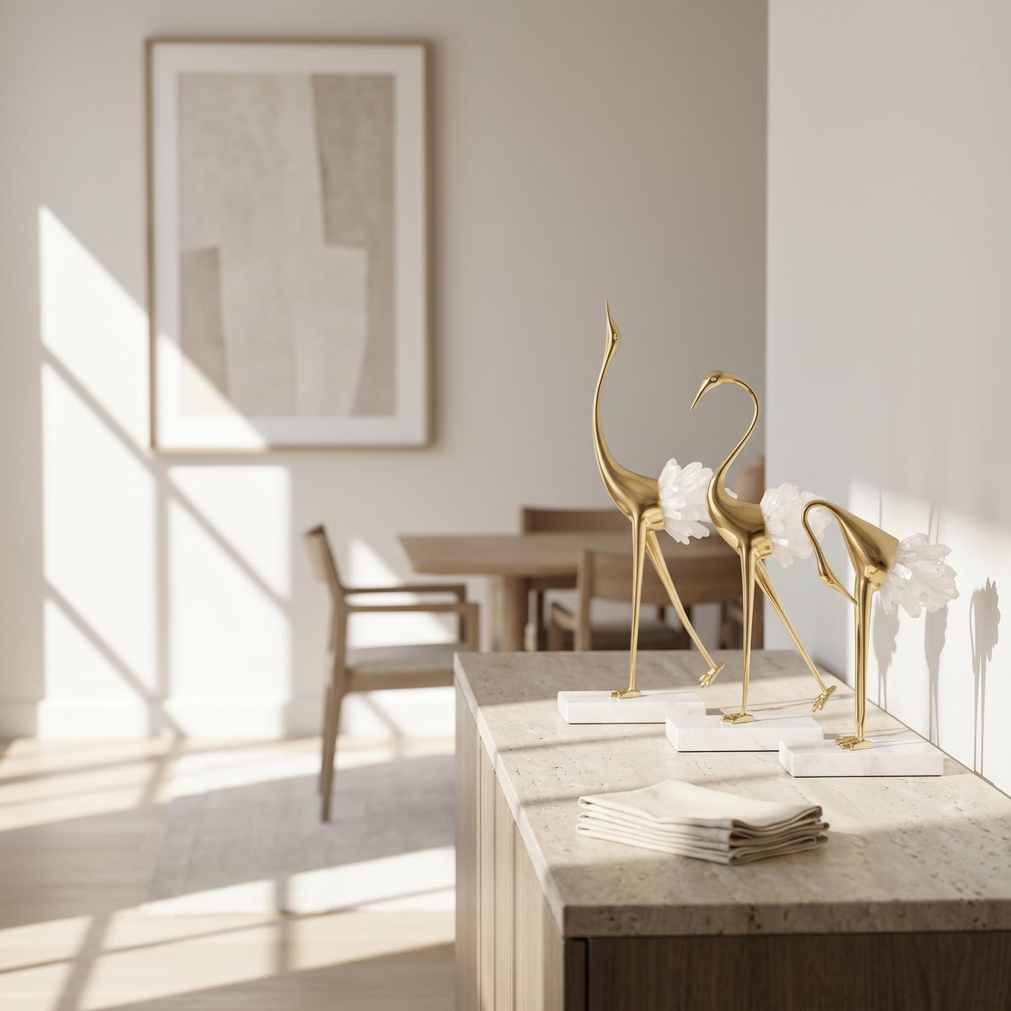 suruim Elegant Gold Crane Bird Statues with Crystal Tail Accents, Decorative Brass Figurines for Home Decor (White B)