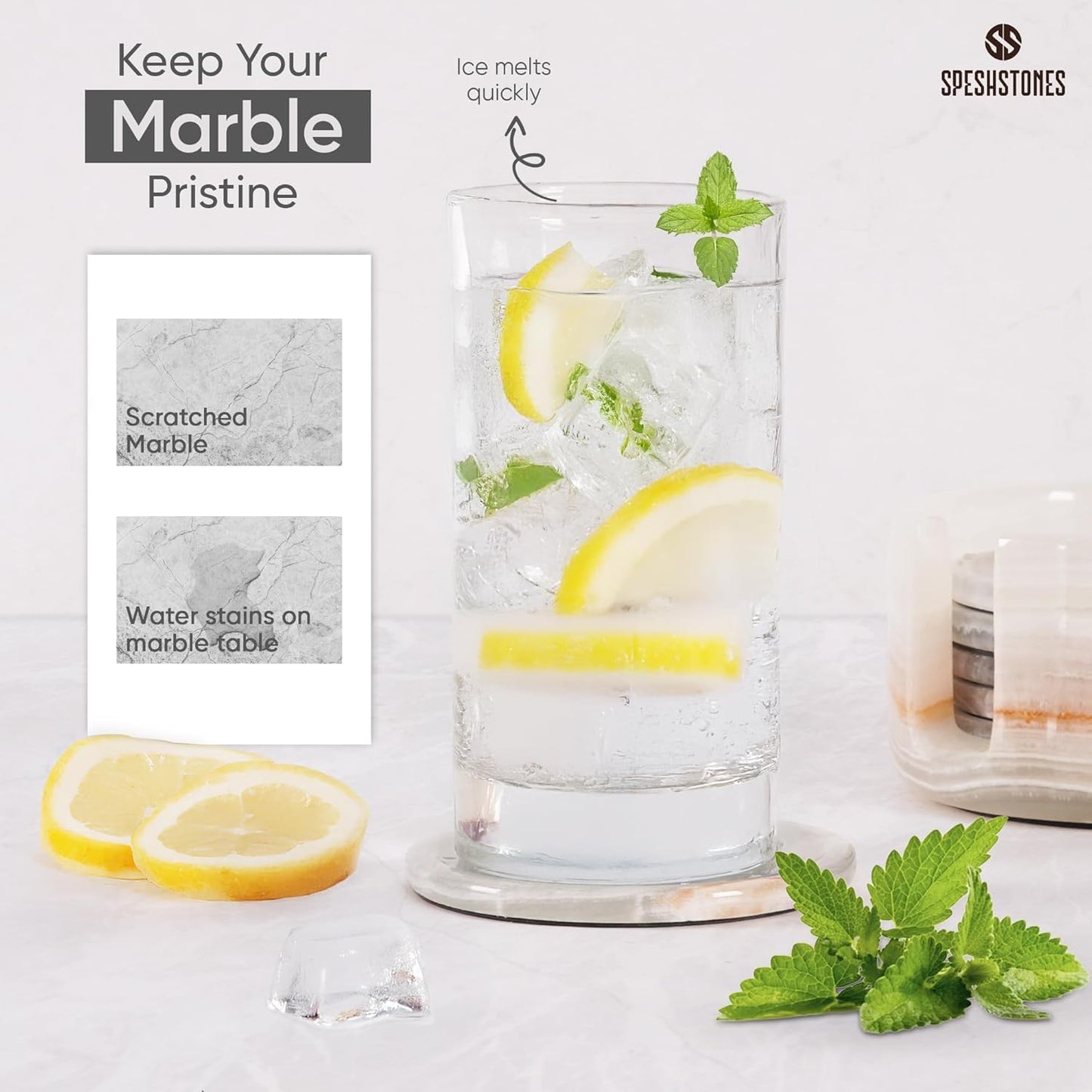 SPESHSTONES Marble Coasters Set of 6 Cream Onyx 3.5 Inch Round Stone Coaster for Drinks with Holder - Ideal Drink Coasters for Coffee Bar Accessories, Gifts, Dining Table & Home Décor