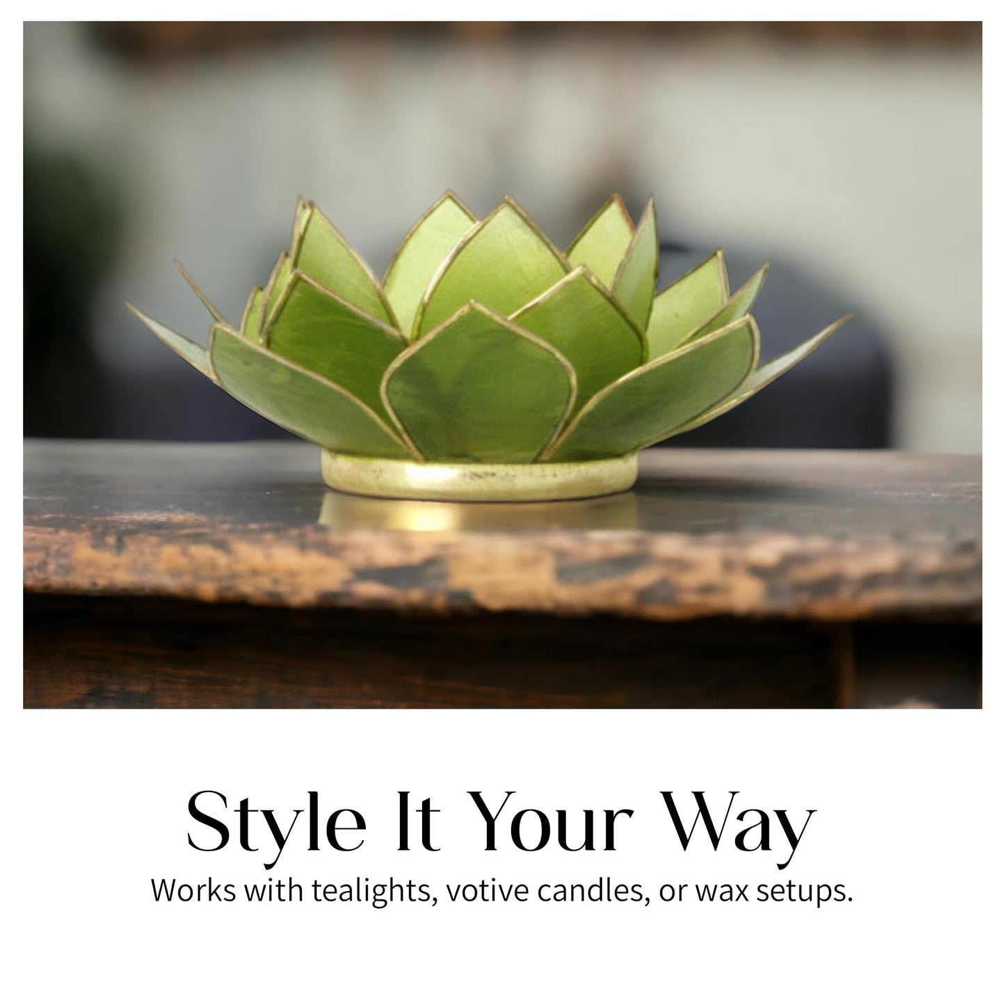 Om Gallery Gemstone Lotus Tealight Holder - Handcrafted Capiz Shell Design for Soft Glow, Elegant Home & Table Decor, Wedding Centerpieces, Votive Candle Styling, and Thoughtful Gifting - Peridot