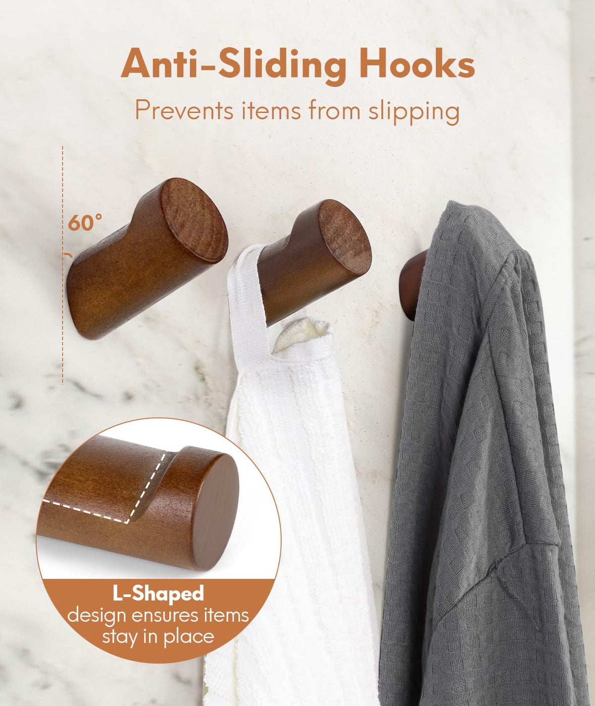 Optish Wood Wall Hooks for Hanging, 6 Pack Hat Hook for Walls, Coat Hook Wall Mount, Backpack Hooks for Walls, Bathroom Towel Hanger (Walnut)